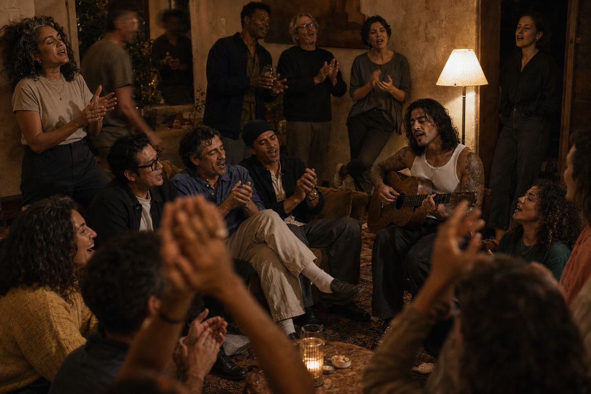 An acoustic set in the club lounge, everyone singing along