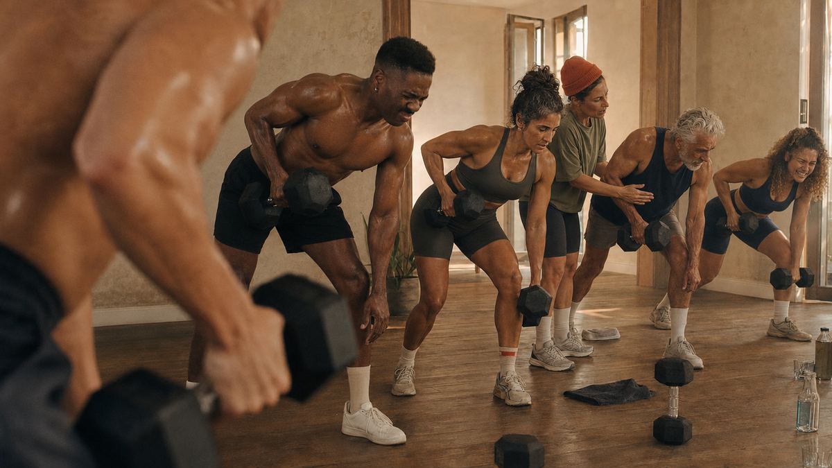 Group strength class mid-set — mixed ages, real effort