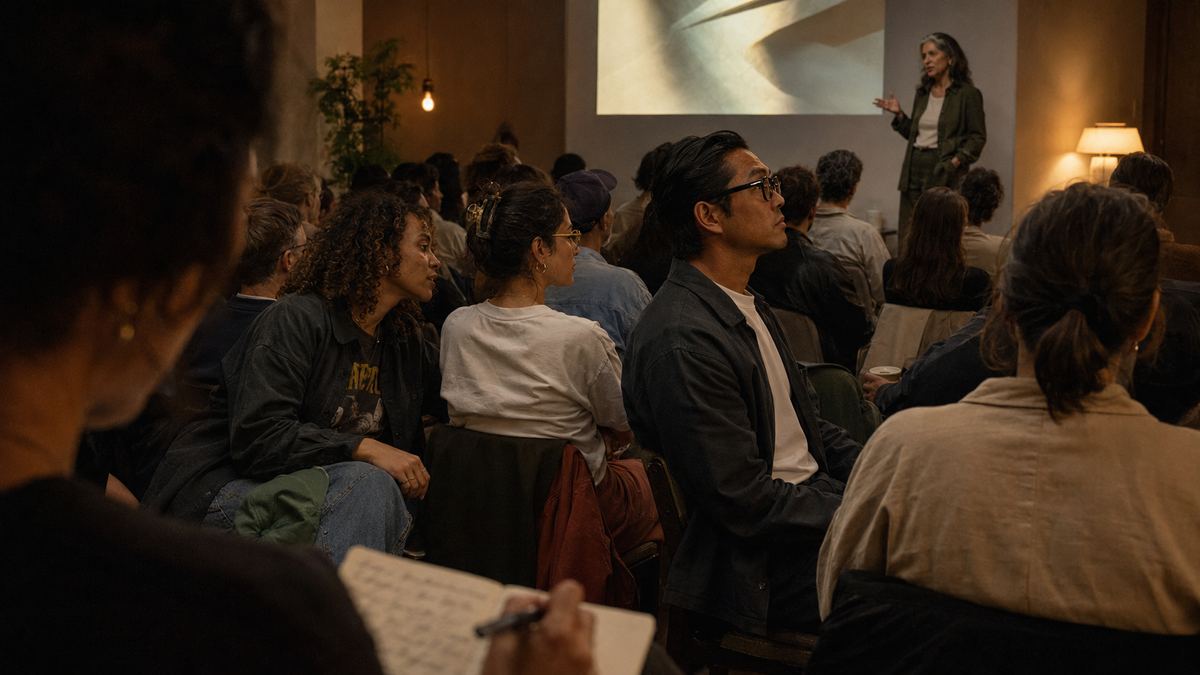 Third row of a lecture at the club, absorbed audience