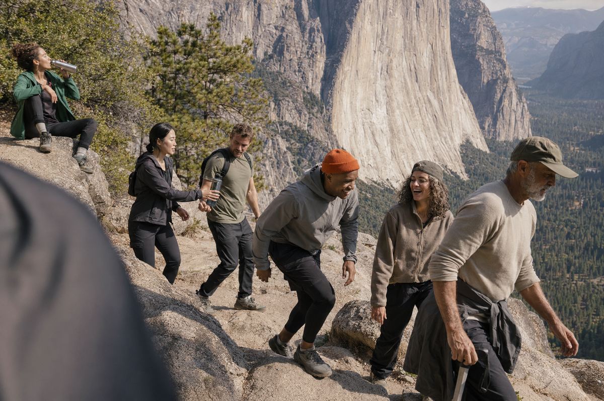 Members hiking a granite trail above Yosemite Valley